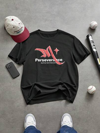 Sport MetroGents 1pc Boyfriend Style Men Slogan Printed Short Sleeve Athleisure T-Shirt