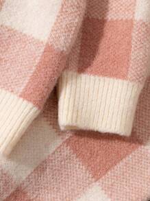 2 buc/Set Pulover din tricot în carouri pentru fetiță + Set pantaloni cu picioare largi, ținută de tricotaj casual la modă pentru toamnă și iarnă - Caisă - Vizualizare 4