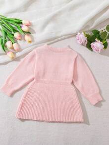 Newborn Autumn-Winter Dress, Baby Girls Cute Bow Patchwork Knitted Dress - Pink - View 2