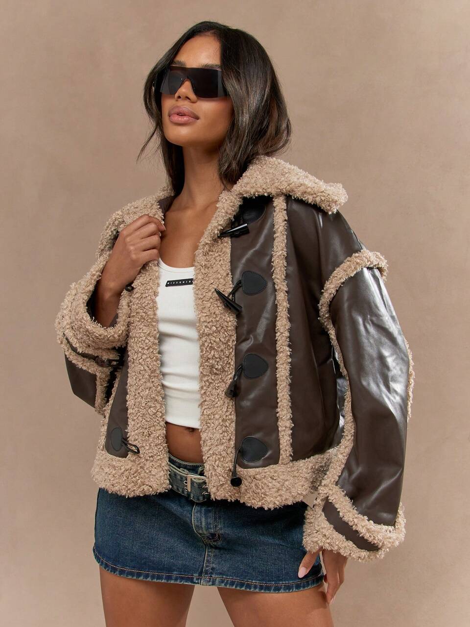 MISSGUIDED Shearling Leather Duffle Toggle Button Coat