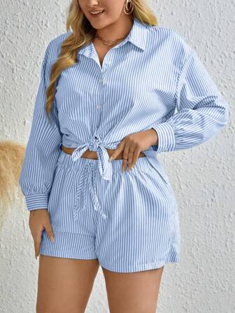 Inoviana Plus Size Striped Shirt And Shorts Set, Summer