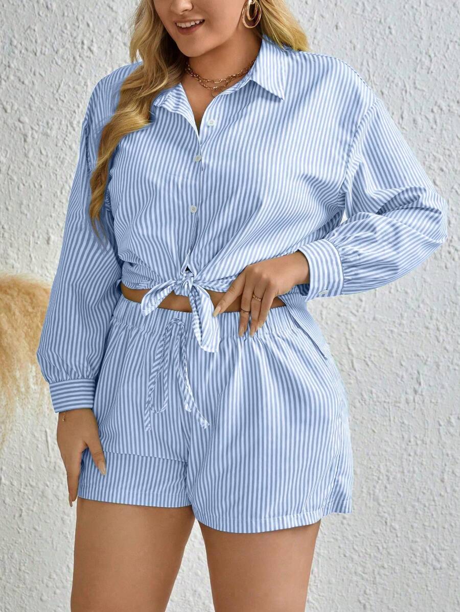 Inoviana Plus Size Striped Shirt And Shorts Set, Summer - Blue and White - View 1