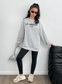 SHEIN 2 件青少年女孩纯色字母印花圆领运动衫和紧身裤休闲套装 - 淺灰色 - 查看 4