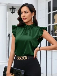 SHEIN Clasi 绿色缎面立领荷叶边盖袖衬衫、无袖上衣 - 軍綠色 - 查看 6