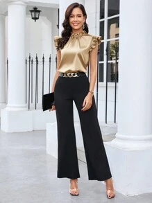 SHEIN Clasi 夏季优雅纯色缎面盖袖衬衫 - 卡其色 - 查看 5