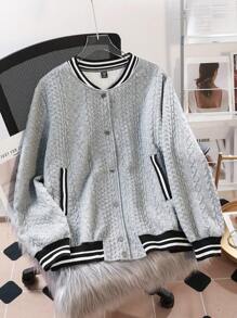 SHEIN EZwear Plus Size Women Casual Long Sleeve Gray Striped Baseball Jacket, Spring Autumn