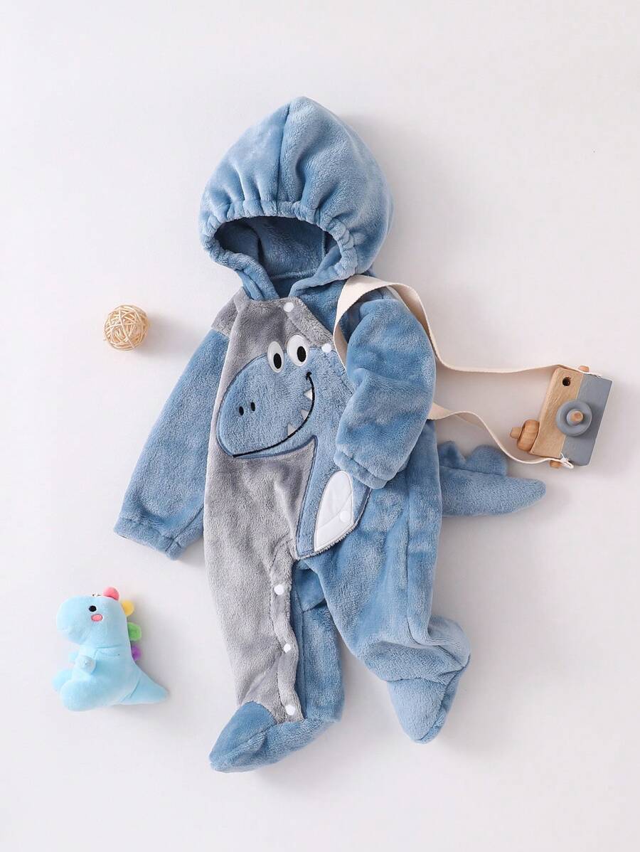 SHEIN 婴儿男孩灰蓝色可爱恐龙刺绣羊毛长袖连帽连体衣 - 彩色 - 查看 1