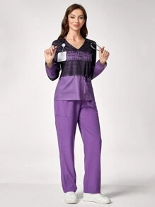 TaskEZ Women V-Neck Tie-Dye Long Sleeve Pocket Top And Pants Uniform Scrub Set