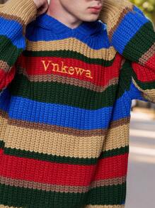 Manfinity Roghcode Áo len có mũ trùm đầu in chữ thiết kế sọc nam - Nhiều màu - Xem 1