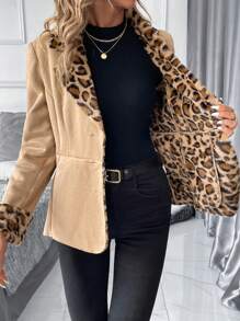 SHEIN Clasi Women's Leopard Print Thermal Lined Zip Front Warm Winter Jacket Winter Women Jacket - Khaki - View 3