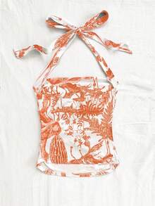 Soleia WYWH 度假女士挂脖编织白色复古印花褶皱露背吊带背心 - 橘色 - 查看 2