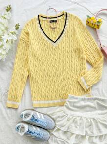 Soleia Women's Holiday Powder Pink V-Neck Contrast Trim Knitted Sweater, Fashionable Autumn/Winter
