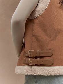 MISSGUIDED Sleeveless Aviator Vest Shearling Lined Winter Suede Sherpa Cargo Utility Gilet With Side Buckles And Zip Front