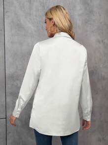 EMERY ROSE 纯色前扣长袖衬衫领简约上衣，继续为节日派对服装