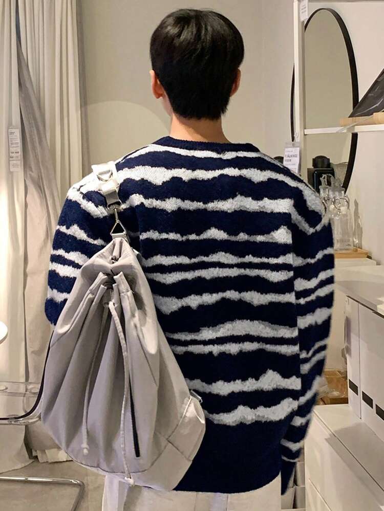 Men's Crew Neck Long Sleeve Striped Sweater, Casual Autumn