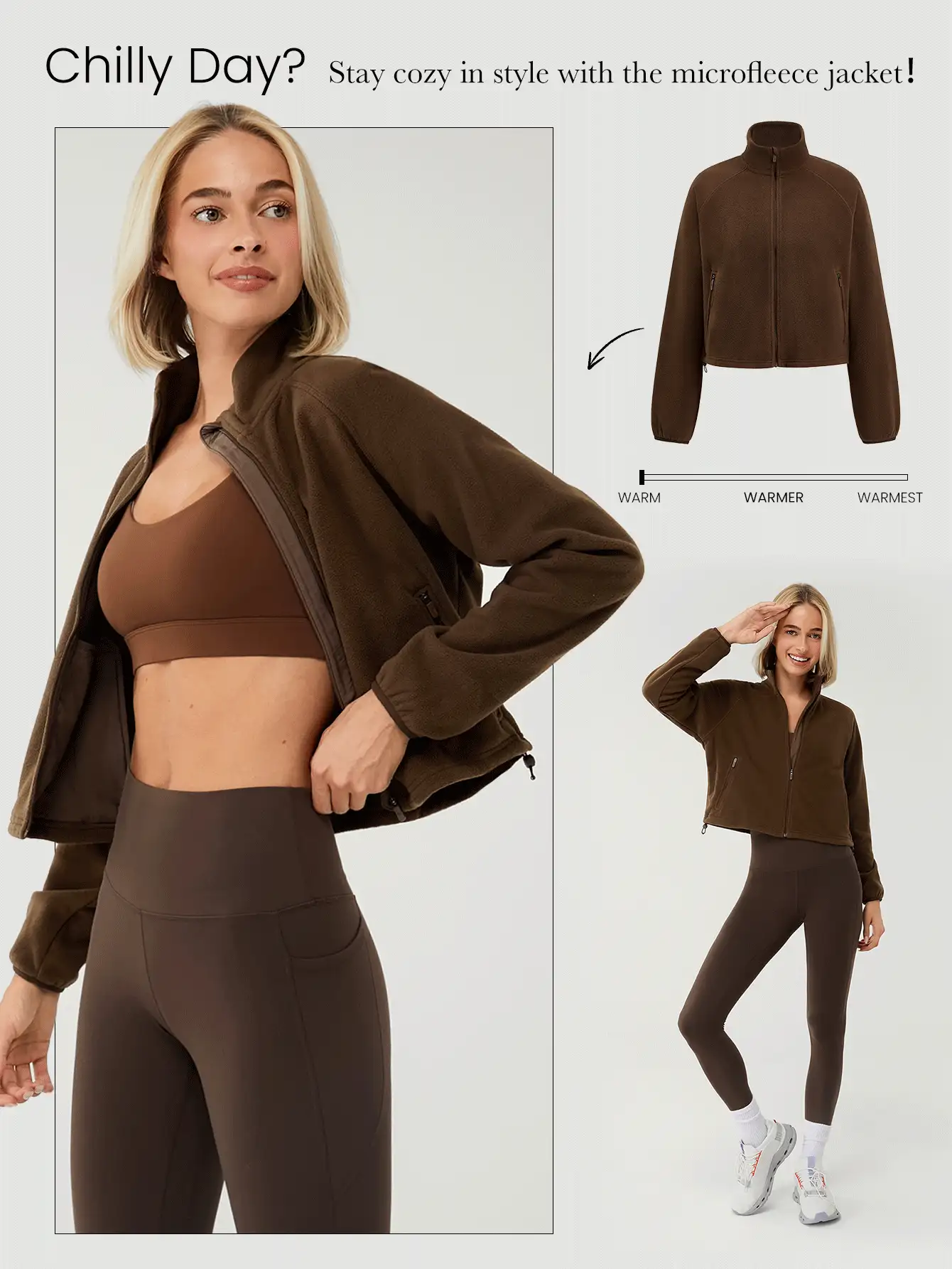 GLOWMODE Thin Polar Fleece Loose-Fit Cropped Drawstring Long Sleeve Jacket - Coffee Brown - View 6