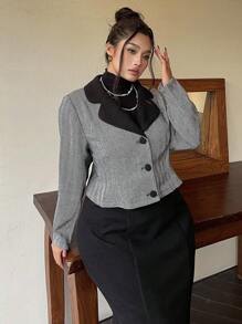 SHEIN Clasi 大码秋冬复古风格提花拼色翻领修身夹克和中长 A 字裙两件套，女士商务装