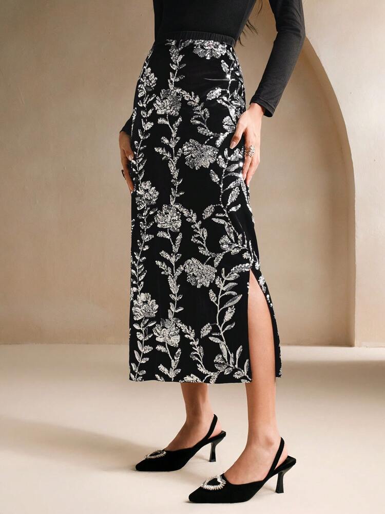 Vintage Floral Pattern Sequin Embroidered Velvet A-Line Skirt