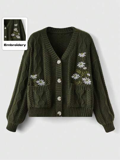 Fairycore Flower Embroidery Button-Through Cardigan Sweater,Long Sleeve Tops