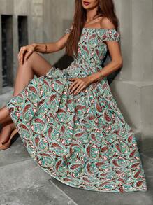 EMERY ROSE 女士夏季度假印花洋裝，露肩短袖長款休閑裙帶印花圖案 - 彩色 - 查看 6