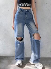 Teenage Girls' Casual Ripped Washed Straight Leg Jeans - Medium Wash - View 7