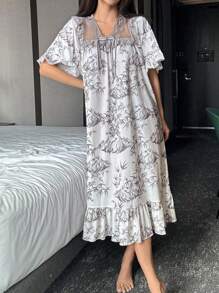DAZY Lace Patchwork Chinese Style Allover Print Button Front Ruffle Hem Nightgown Pajama - Khaki - View 8