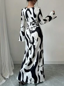 Chiquease Calvaya Urban Chic 动物印花喇叭袖口圆领长袖收腰连衣裙，适合女士，秋冬/适合日常/短款舞会礼服/女士非洲连衣裙/绷带连衣裙/商务休闲/秋季、万圣节、返校节、返校 - 黑與白 - 查看 2