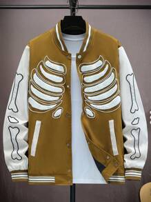 Manfinity LEGND Jaqueta Casual Simples com Estampa de Bolso, Manga Longa e Recortes Coloridos para Homens - Caqui - Visão 1