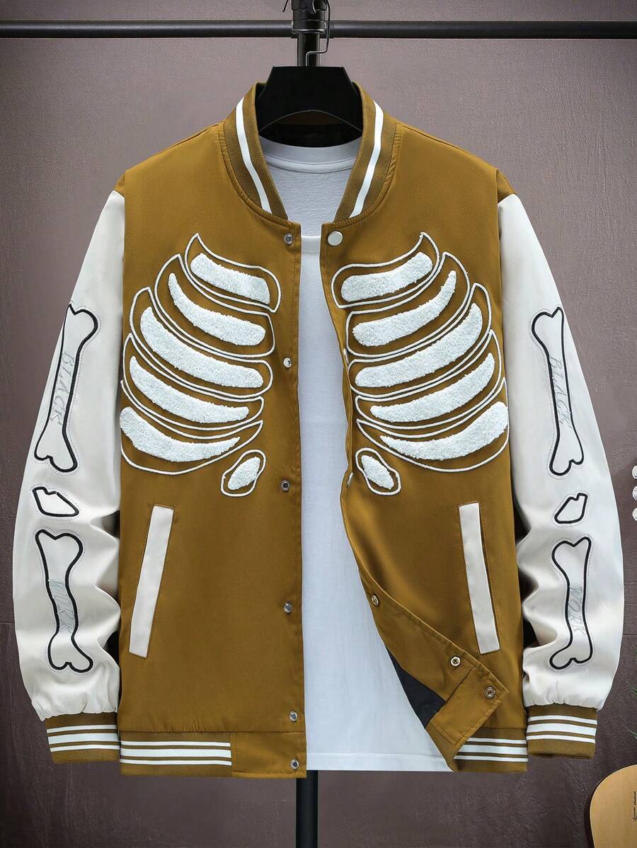 Manfinity LEGND Jaqueta Casual Simples com Estampa de Bolso, Manga Longa e Recortes Coloridos para Homens - Caqui - Visão 1