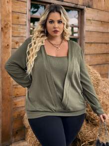 SHEIN CURVE+ Plus Size Solid Square Neck Pullover,Fall Tops,Fall Outfits,Fall Women Clothes - Army Green - View 7