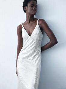 Maija 女式白色优雅长款亮片吊带裙，适合秋冬季