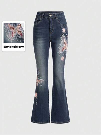 ROMWE Goth Vintage Y2K Butterfly Rose Jacquard Embroidered Women Low Waist Slim Fit Flare Denim Jeans, School