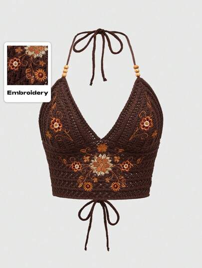 ROMWE Hippie Flower Embroidered Back Band Beaded Necklace Crochet Knit Top For Summer