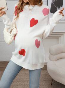 SHEIN 孕妇心形图案长袖针织毛衣，秋冬款 - 白色 - 查看 4