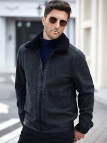 Manfinity Homme 男士休闲毛领针织夹克，秋冬 - 黑色 - 查看 7