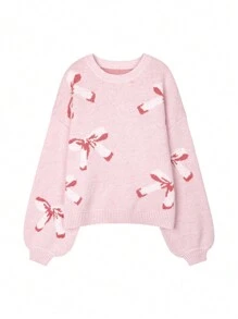 女士情人节休闲蝴蝶图案圆领落肩毛衣，秋冬季，长袖新年上衣粉色