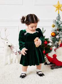 SHEIN Baby Girl Mother-Daughter Dresses, Vintage Elegant Velvet Lace Patchwork Sweetheart Neck Long Sleeve A-Line Smock Dress, Balloon Sleeve Ruffle Hem Party Dress For Holiday, For Christmas