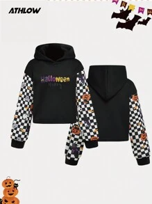 SHEIN Tween Tween Girl Black Short Spliced ​​Loose Knitted Hooded Sweatshirt For Girls, Comfortable And Warm Spliced ​​Halloween Digital Print With Colorful English Letters Outdoor Fashion Sports Top Pumpkin Candy Cat Black And White Plaid Digital Print Outdoor Fashion Sports Campus Street Outdoor Festival Sweatshirt Top Long-Sleeved Hooded - Black - View 1