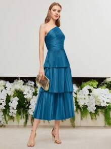 MOTF PREMIUM VESTIDO LARGO CON HOMBRO ÚNICO, Body FRUNCIDO, FALDA CON VOLANTES PLISADOS - Azul - Ver 4