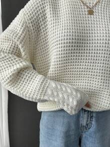 EURMUSE Casual Turtle Neck Balloon Sleeve Cable Knit Detail Plain Solid Sweater - White - View 6