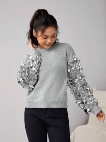 1 Áo len dệt kim đính sequin thời trang cho bé gái tuổi teen, thích hợp cho các bữa tiệc vào mùa thu/đông. Chất liệu vải màu xám bạc thời trang và đa năng, có thể kết hợp với váy để có vẻ ngoài hợp thời trang, hoàn hảo cho lễ Halloween, Giáng sinh và các bữa tiệc khác. - Bạc - Xem 3
