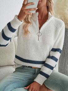 Chiquease 新款宽松针织套头毛衣，经典条纹休闲秋冬时尚毛衣，秋季 - 白色 - 查看 8