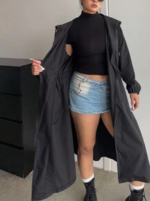 Sunspun Áo khoác dài tay cỡ lớn có mũ trùm đầu phía trước, dây rút ở eo - màu đen - Xem 7