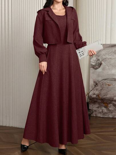 Mulvari Burgundy Red 2pcs Women's Solid Color Flare Hem Dress And Lantern Sleeve Hooded Jacket Set 2 Pieces Set Fall Cloth For Women