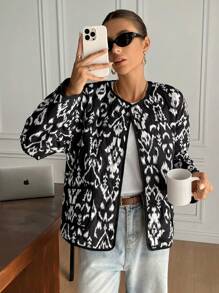 Siren Gaze Women's Button-Front Allover Print Long Sleeve Jacket, Winter Casual - Black and White - View 4