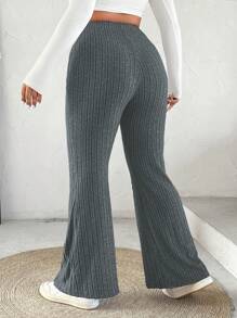 SHEIN EZwear 大码女式纯色松紧腰罗纹喇叭裤 - 深灰色 - 查看 2