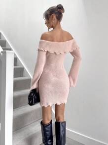 Chiquease Đầm suông dài tay đơn giản trễ vai màu trơn đơn giản - Màu Khaki - Xem 2
