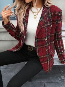 SHEIN LUNE 新年服装女式西装外套，时尚双排扣格子厚西装外套