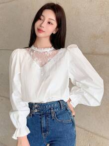DAZY 长袖宽松女式衬衫，撞色蕾丝细节，荷叶边，秋季服装 - 白色 - 查看 7
