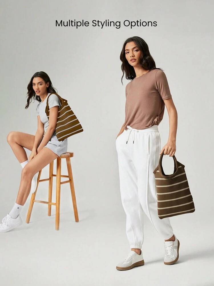 Sac cabas tricoté rayé au crochet